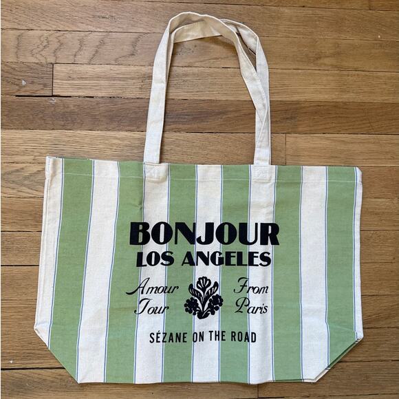 NWOT Sezane Los Angeles Green & White Stripe Canvas Tote Bag - Picture 1 of 3